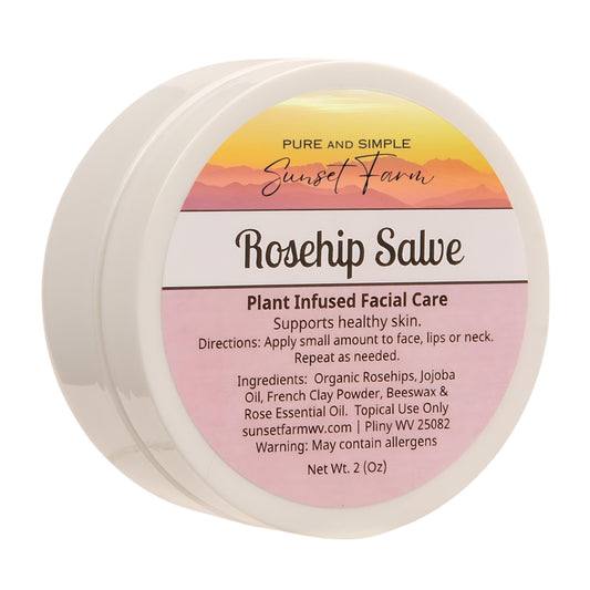 Rosehip Salve ingredients show rosehips and jojoba for nourishing skin care.