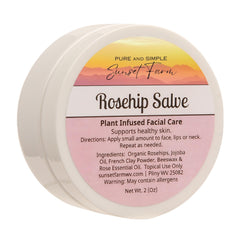 Rosehip Salve ingredients show rosehips and jojoba for nourishing skin care.