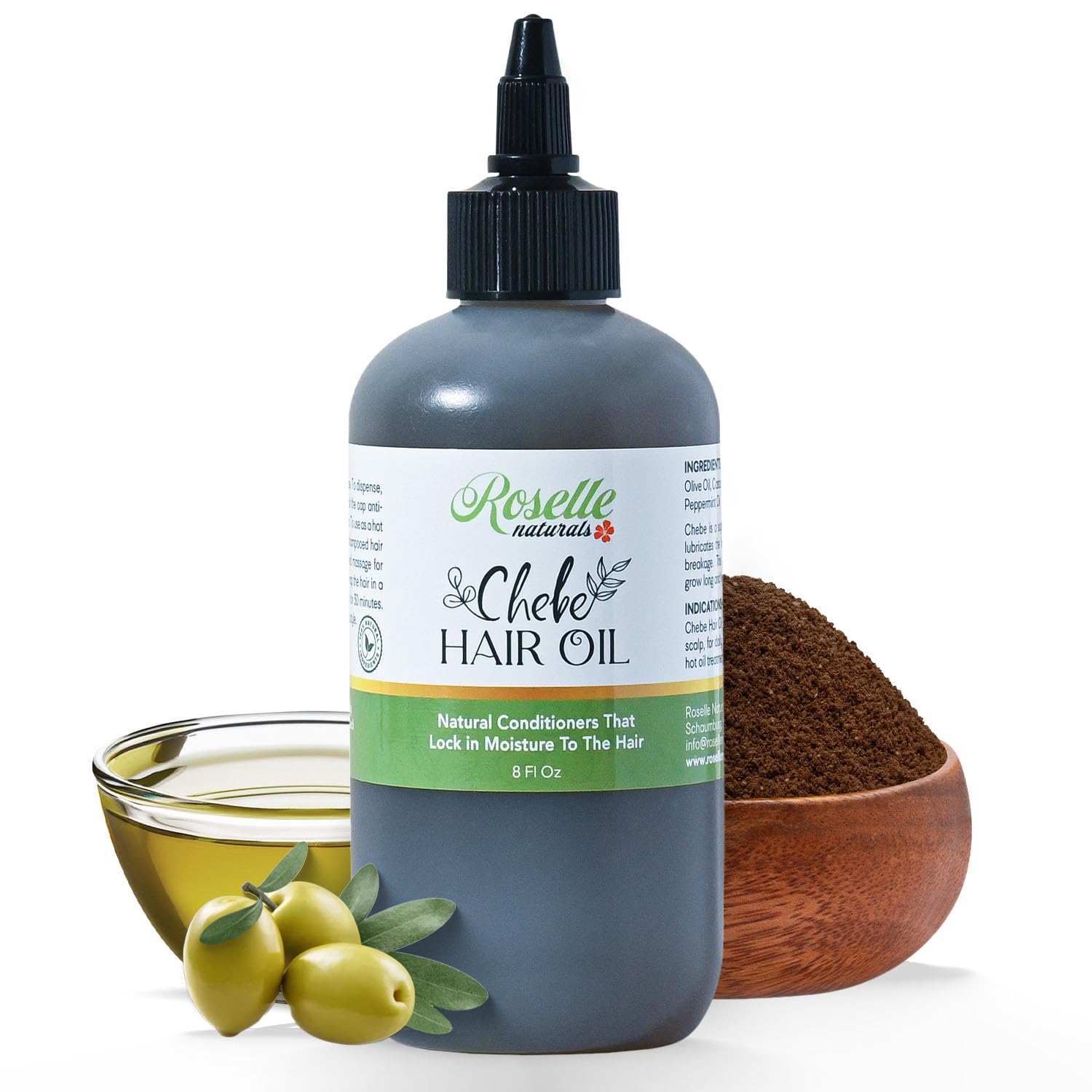 Roselle Naturals Chadian Hair Oil bottle showing moisture and growth potential.