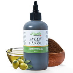 Roselle Naturals Chadian Hair Oil bottle showing moisture and growth potential.