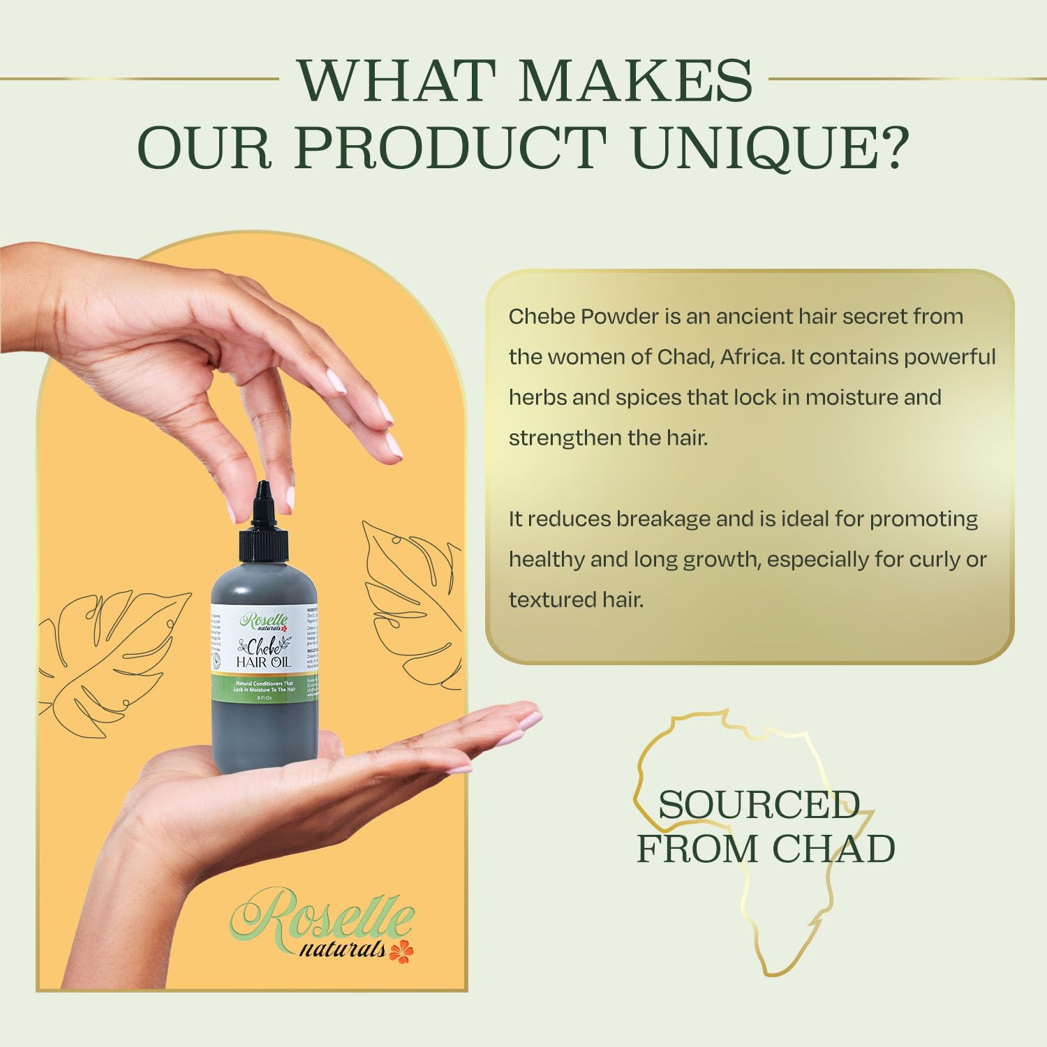 Roselle Naturals hair oil adds natural shine and vitality to hair.