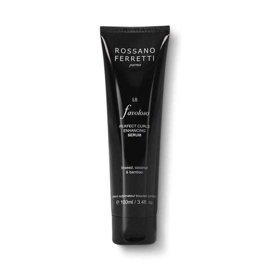 Rossano Ferretti Favoloso serum bottle highlighting defined, hydrated curls.