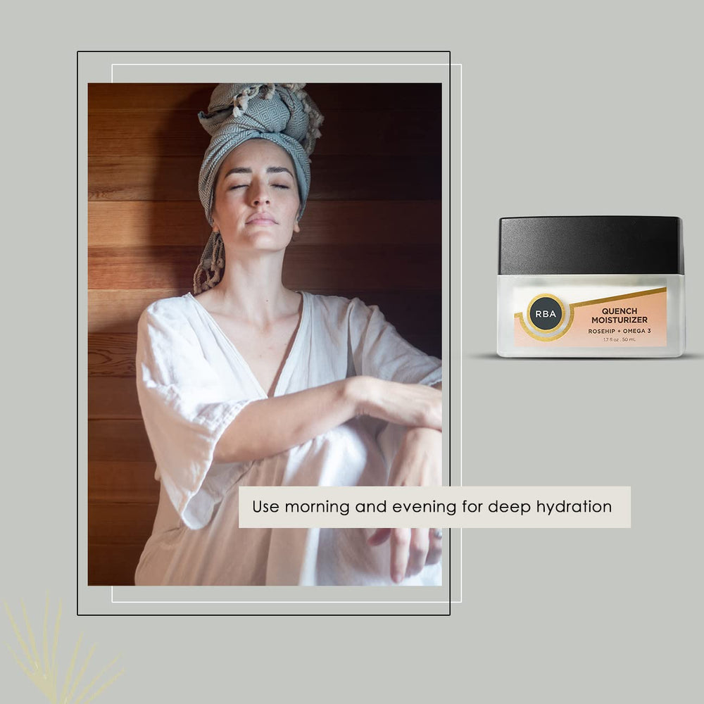 Round Barn Apothecary Quench label highlights natural ingredients for daily nourishment.