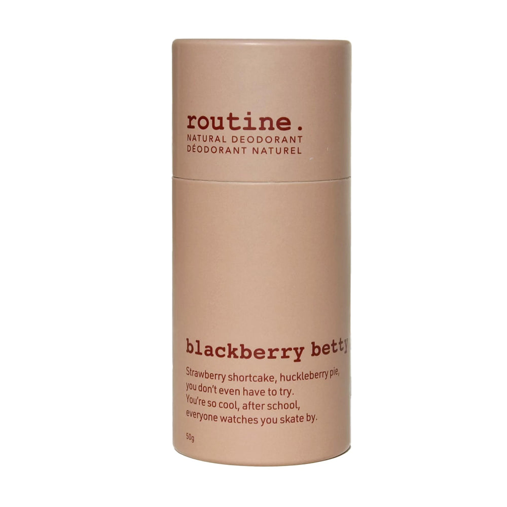 Routine Blackberry Betty Deo Stick packaging in a recyclable twist-up tube reduces plastic waste