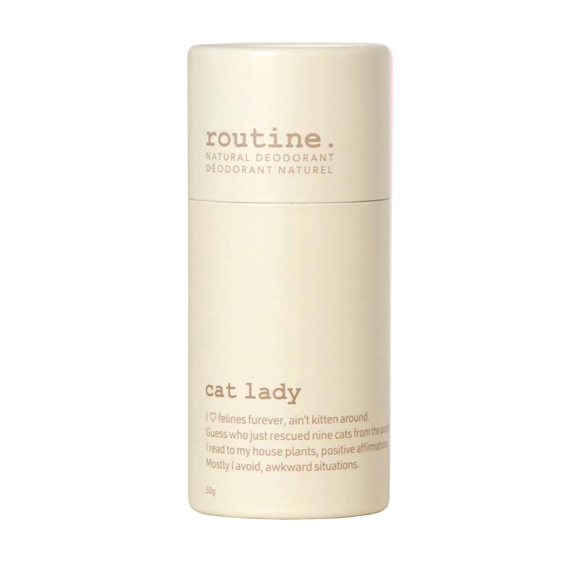 Routine Cat Lady Deo Stick packaging in eco-friendly twist-up tube reduces plastic waste.