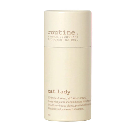 Routine Cat Lady Deo Stick packaging in eco-friendly twist-up tube reduces plastic waste.