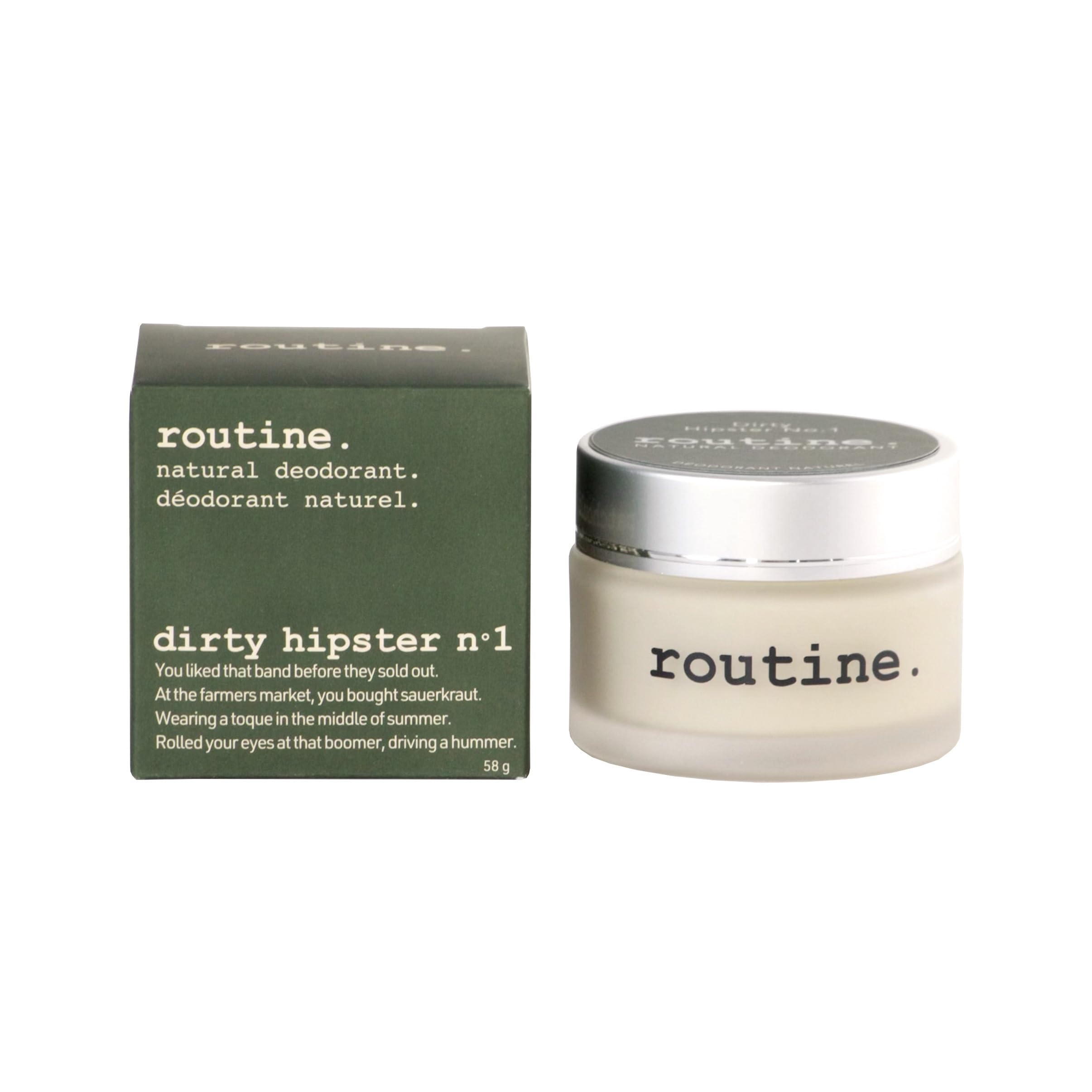 Routine Patchouli deodorant packaging in glass jar.