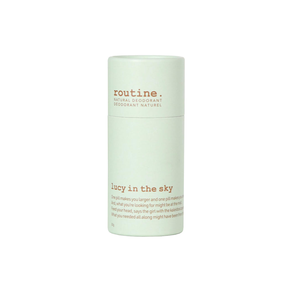 Routine Lucy in the Sky Deo Stick made with a recycled twist-up tube reduces plastic waste.