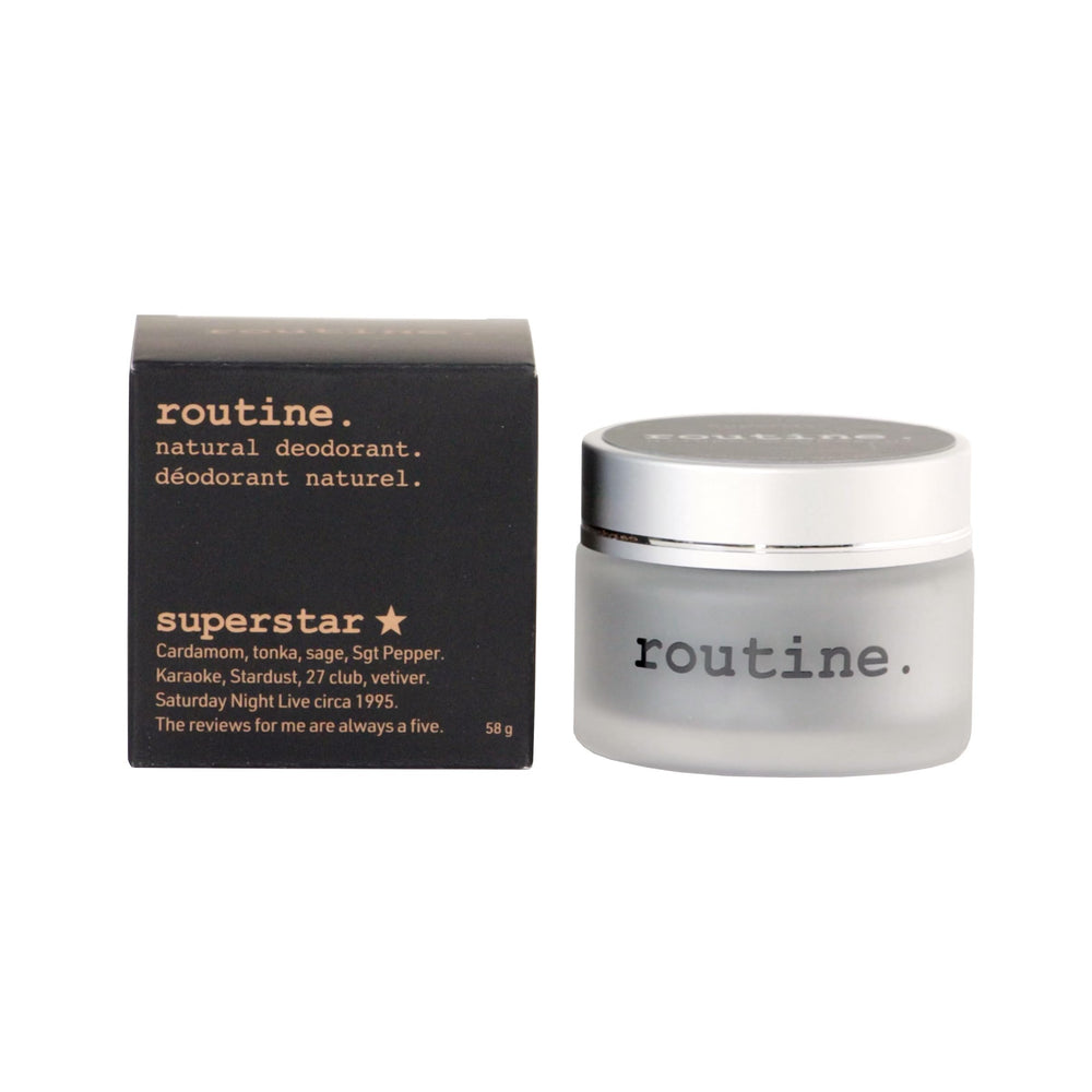 Routine Superstar deodorant application shows charcoal formula blocks odor during workouts.