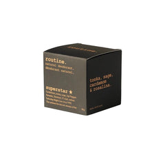 Routine deodorant cream jar featuring Tonka, Sage, Cardamom and Rosalina for a comforting scent.