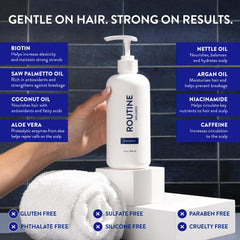 Routine Wellness Hair-Loss Treatment concept shows vegan, sulfate-free care for thinning hair
