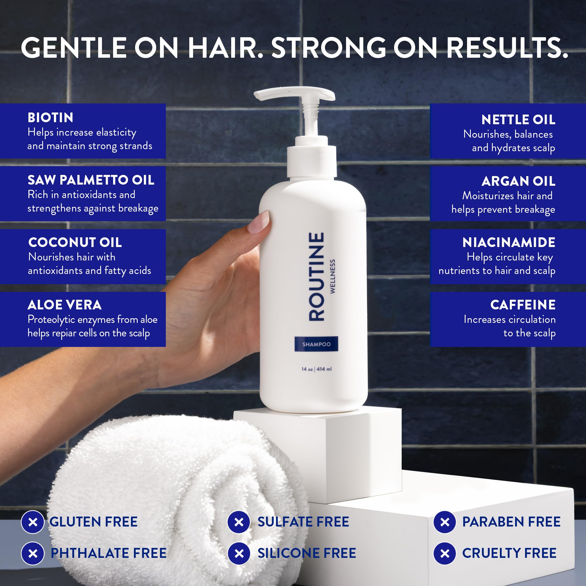 Sulfate-free vegan seal on packaging, gentle cleansing for sensitive scalps.