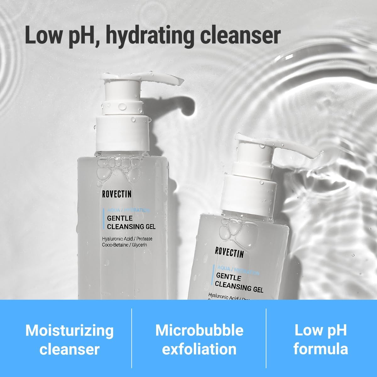 ROVECTIN Aqua Cleansing Gel bottle foaming gently to cleanse while preserving moisture.