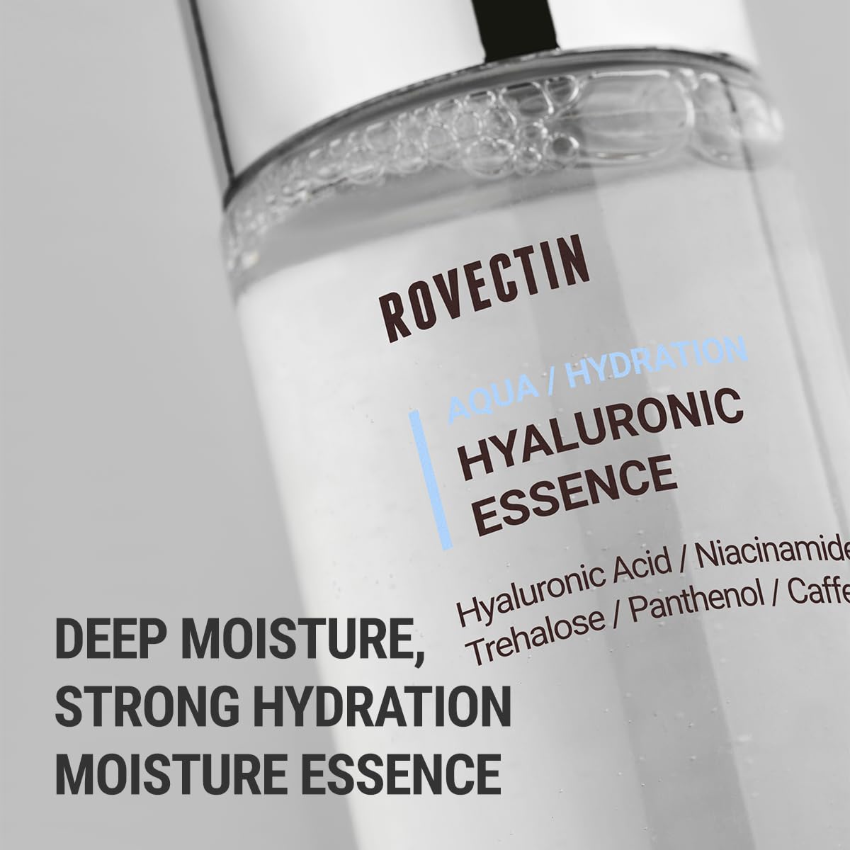 ROVECTIN Aqua Hyaluronic Essence packaging-back detailing clean beauty and dermatologist-tested claims.