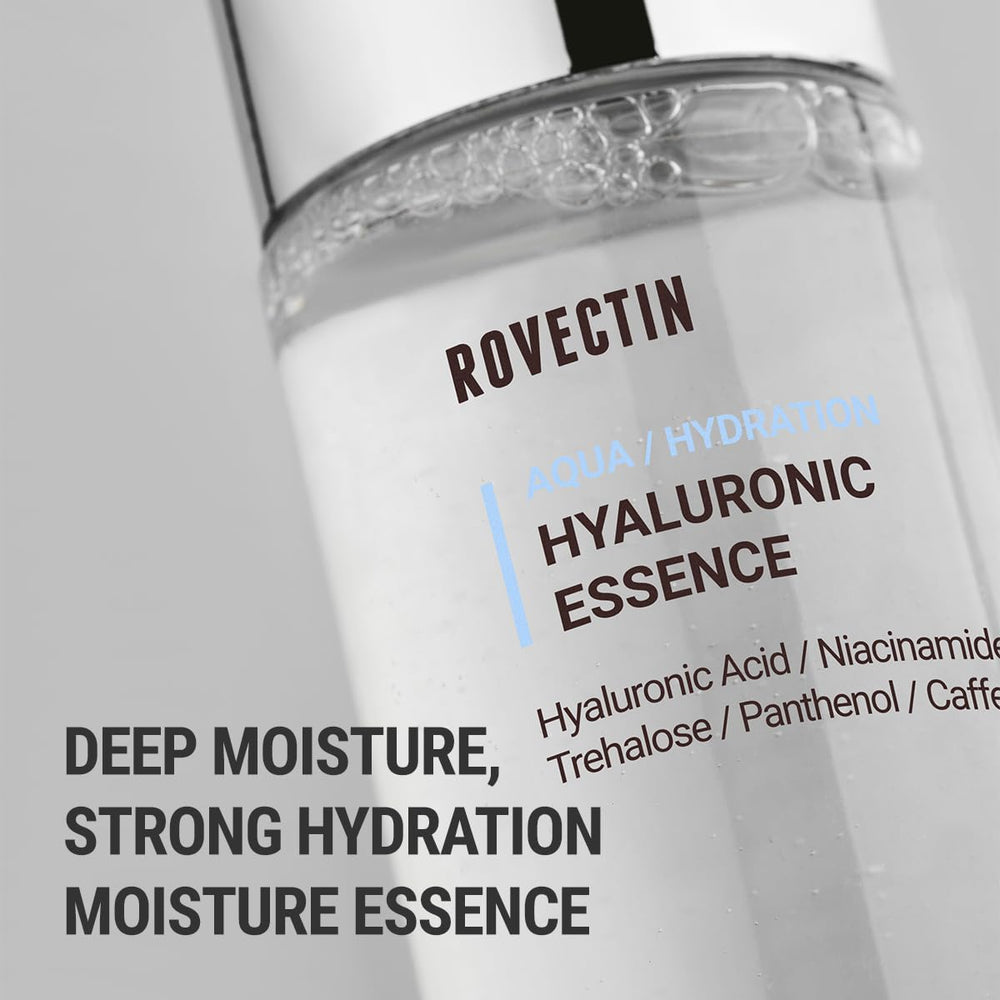 ROVECTIN Aqua Hyaluronic Essence packaging-back detailing clean beauty and dermatologist-tested claims.