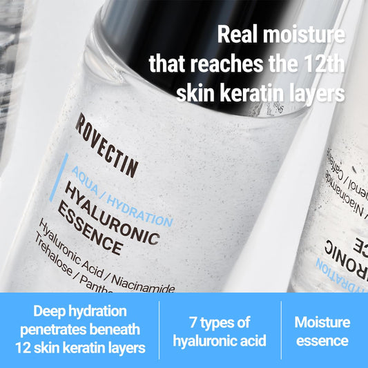 ROVECTIN Aqua Hyaluronic Essence pump-closeup showing seven layers of hyaluronic acids for deep hydration.