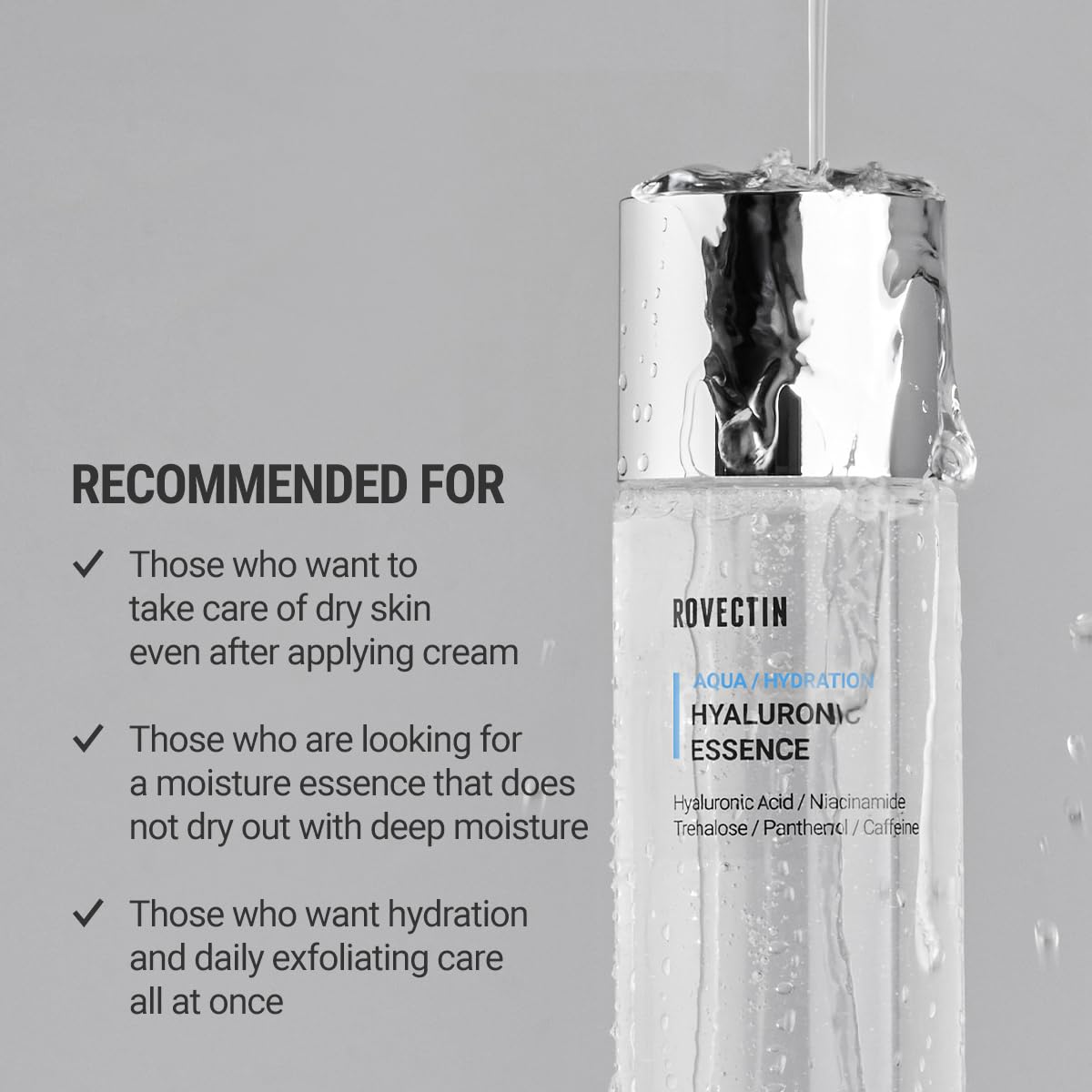 ROVECTIN Aqua Hyaluronic Essence texture-on-skin demonstrating smooth, non-sticky finish.