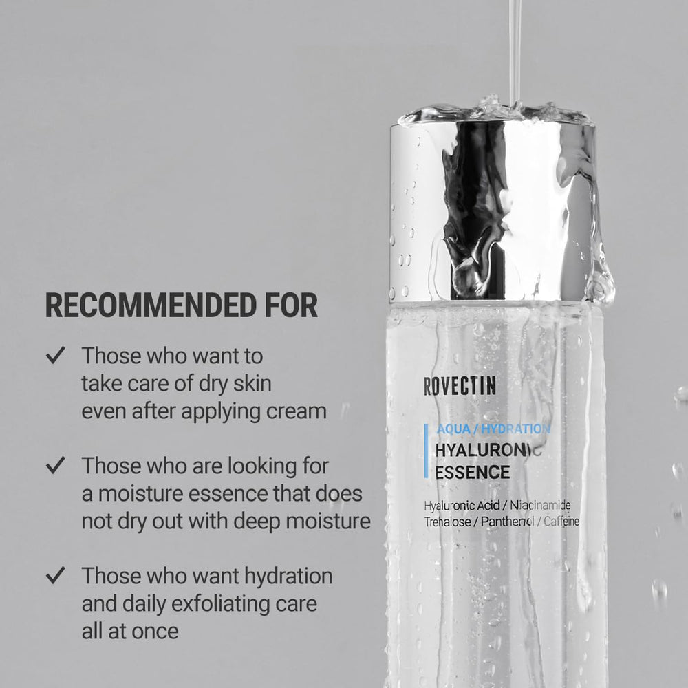 ROVECTIN Aqua Hyaluronic Essence texture-on-skin demonstrating smooth, non-sticky finish.