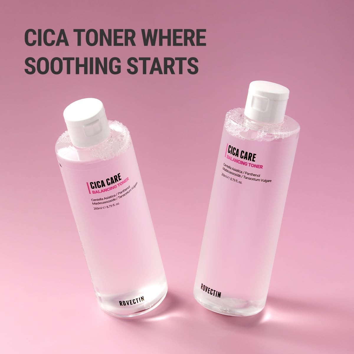 Pouring Rovectin CICA Care Toner onto a cotton pad for easy application