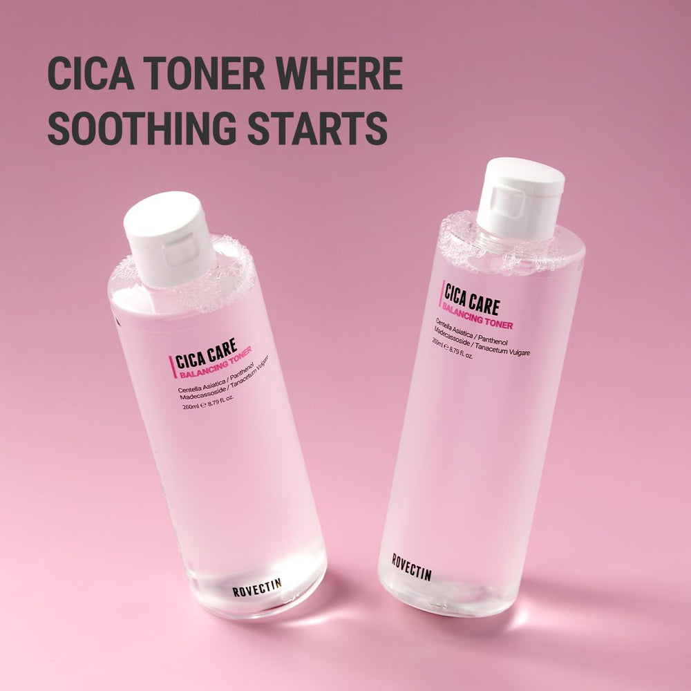 Pouring Rovectin CICA Care Toner onto a cotton pad for easy application