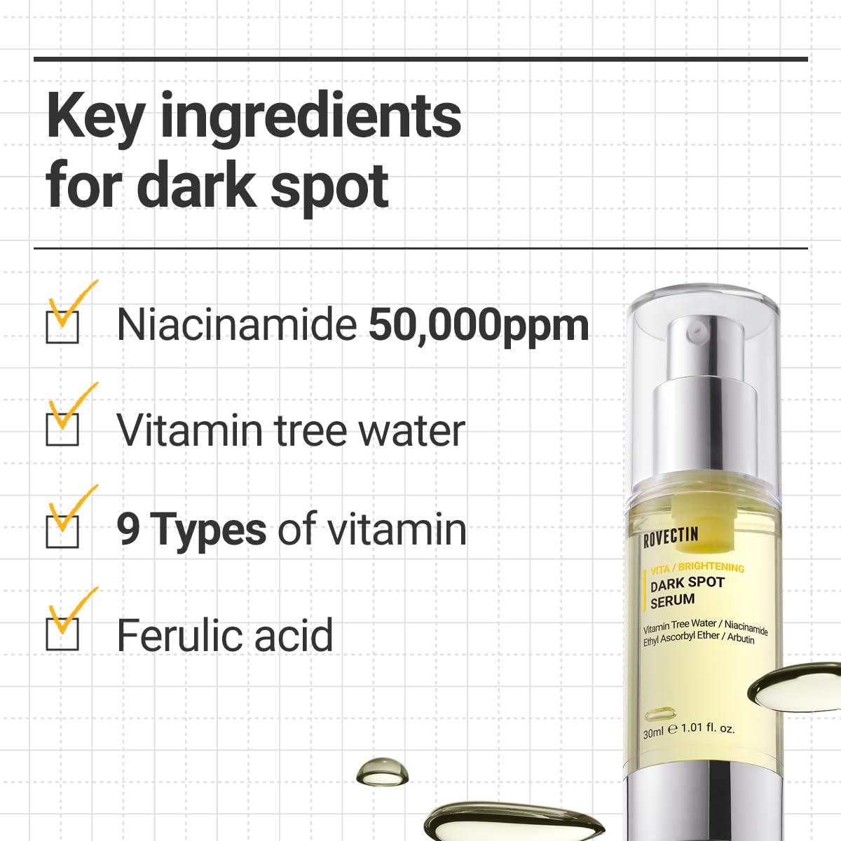 ROVECTIN Vita Dark Spot Serum texture swatch on skin reveals smooth, even tone.