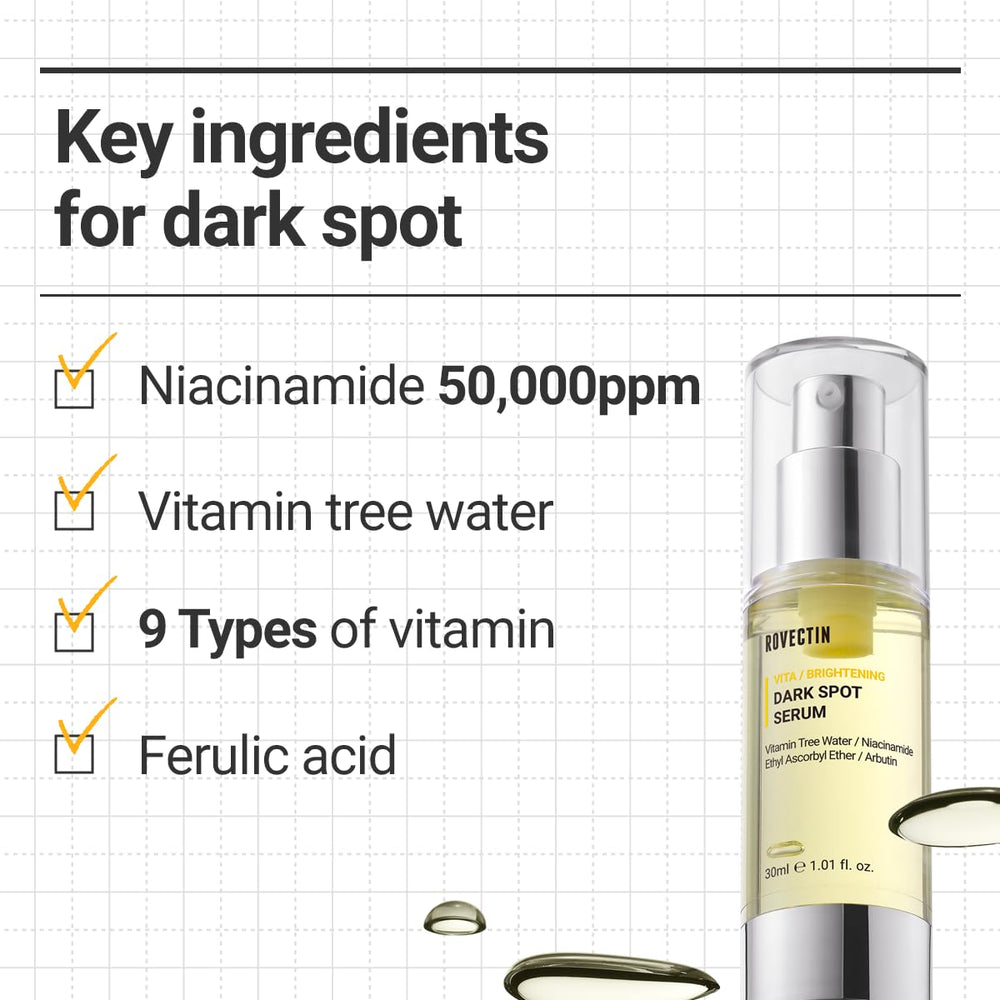 ROVECTIN Vita Dark Spot Serum texture swatch on skin reveals smooth, even tone.
