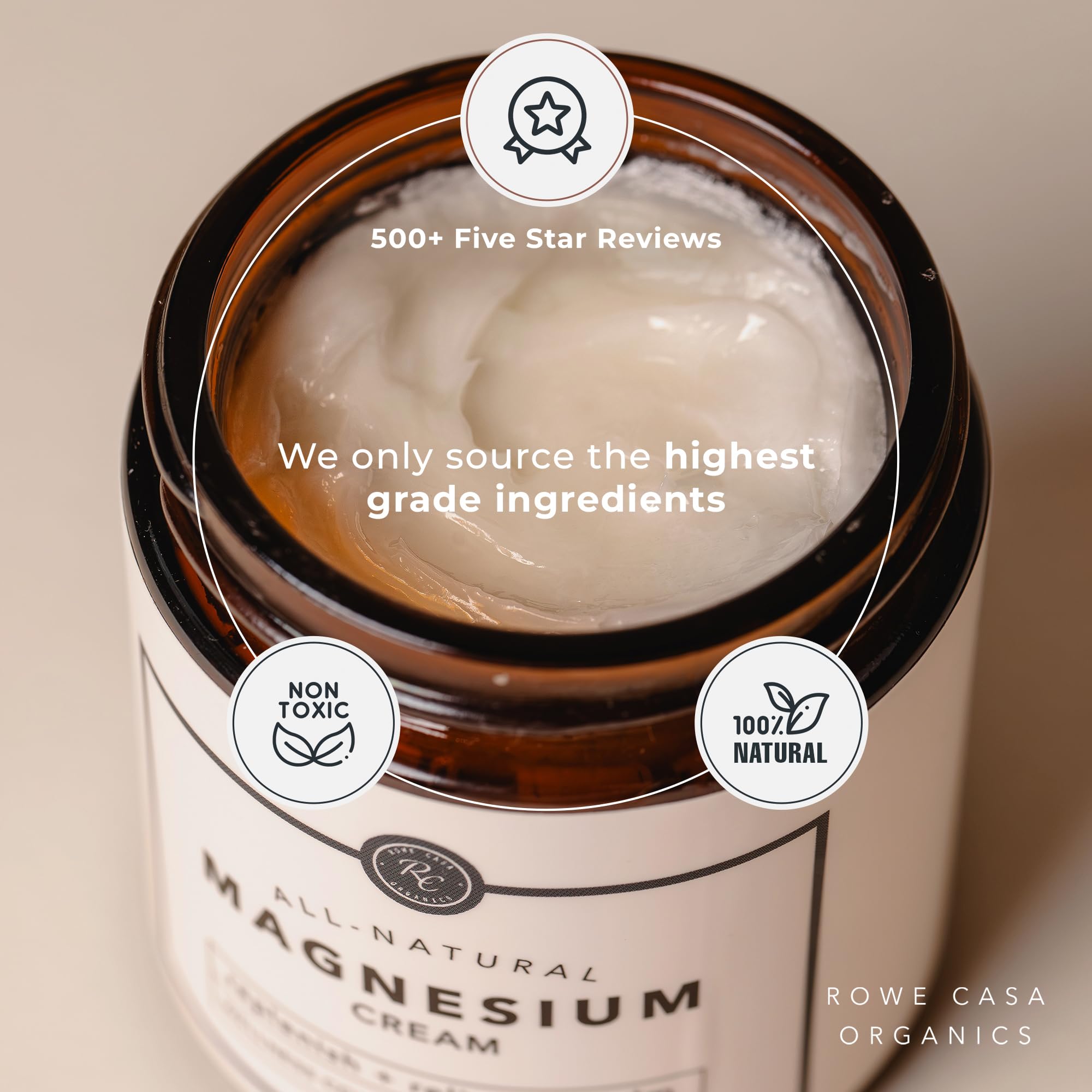 Rowe Casa Organics magnesium cream with raw shea butter texture showing nourishing, non-greasy absorption.