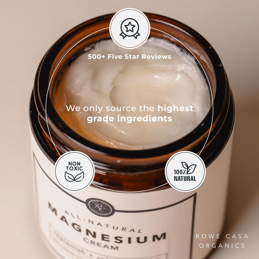 Rowe Casa Organics magnesium cream with raw shea butter texture showing nourishing, non-greasy absorption.