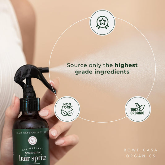 Rowe Casa Organics Restorative Hair Spritz with greenery for natural hydration