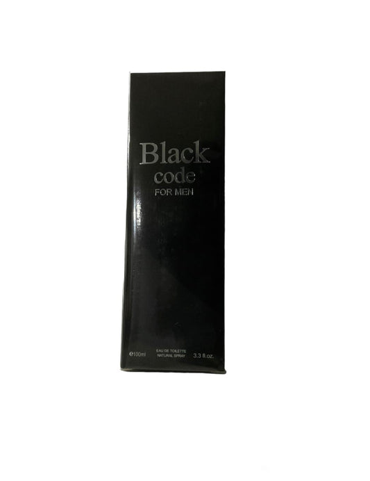 Royal Fragrance Black Code for Men bottle back view, showcases modern styling.