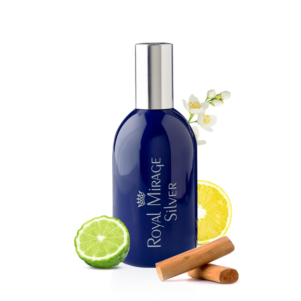 Royal Mirage Silver bottle pour showcases a bright citrus-woody balance for daily wear