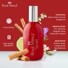 Royal Mirage Sport EDC base notes showcase amber and cedarwood warmth.