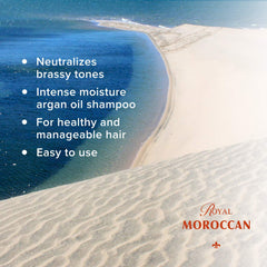 Royal Moroccan Best Silver Shampoo displays argan oil in a flask for intense moisture