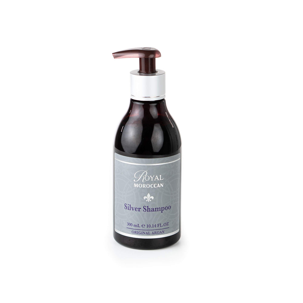 Royal Moroccan Best Silver Shampoo bottle pour neutralizes brassy tones for cool blonde or silver hair