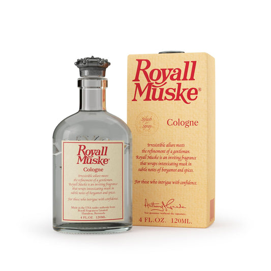 Royall Muske bottle front view highlighting musk and bay rum for all day presence