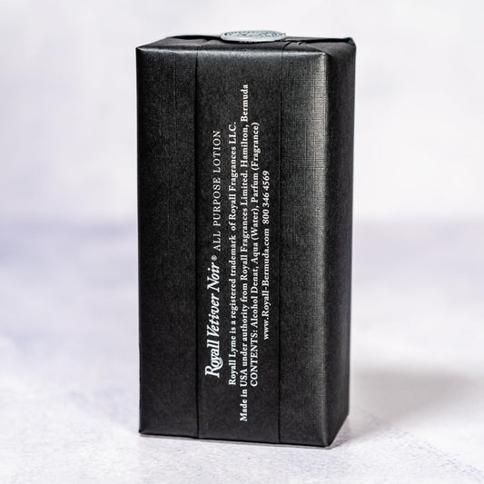 Royall Lyme Vetiver Noir bottle back, elegant silhouette and premium packaging