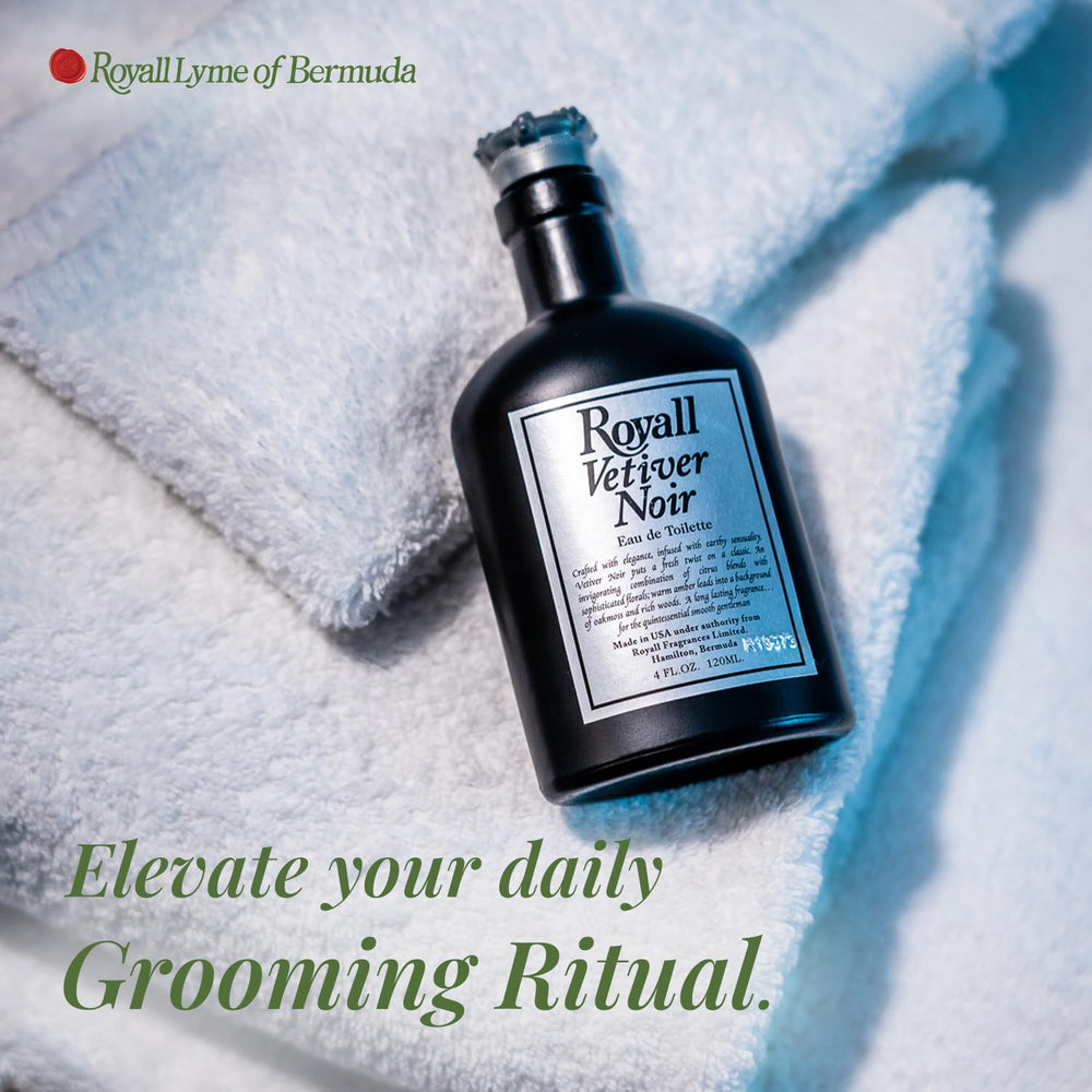 Royall Lyme Vetiver Noir packaging display showing Bermuda-inspired grooming aesthetic