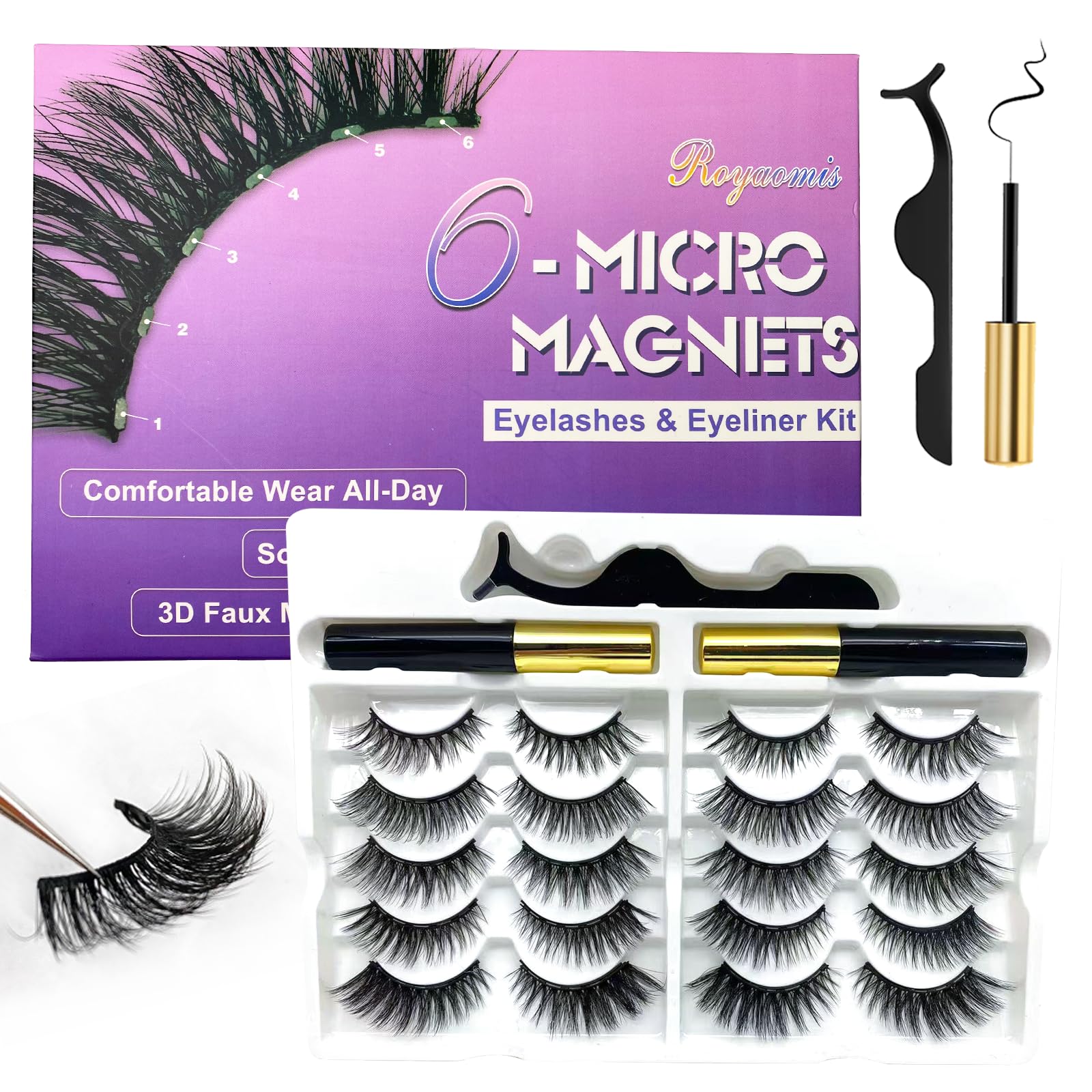 Royaomis cat-eye magnetic eyelashes pack for natural look and all-day hold.