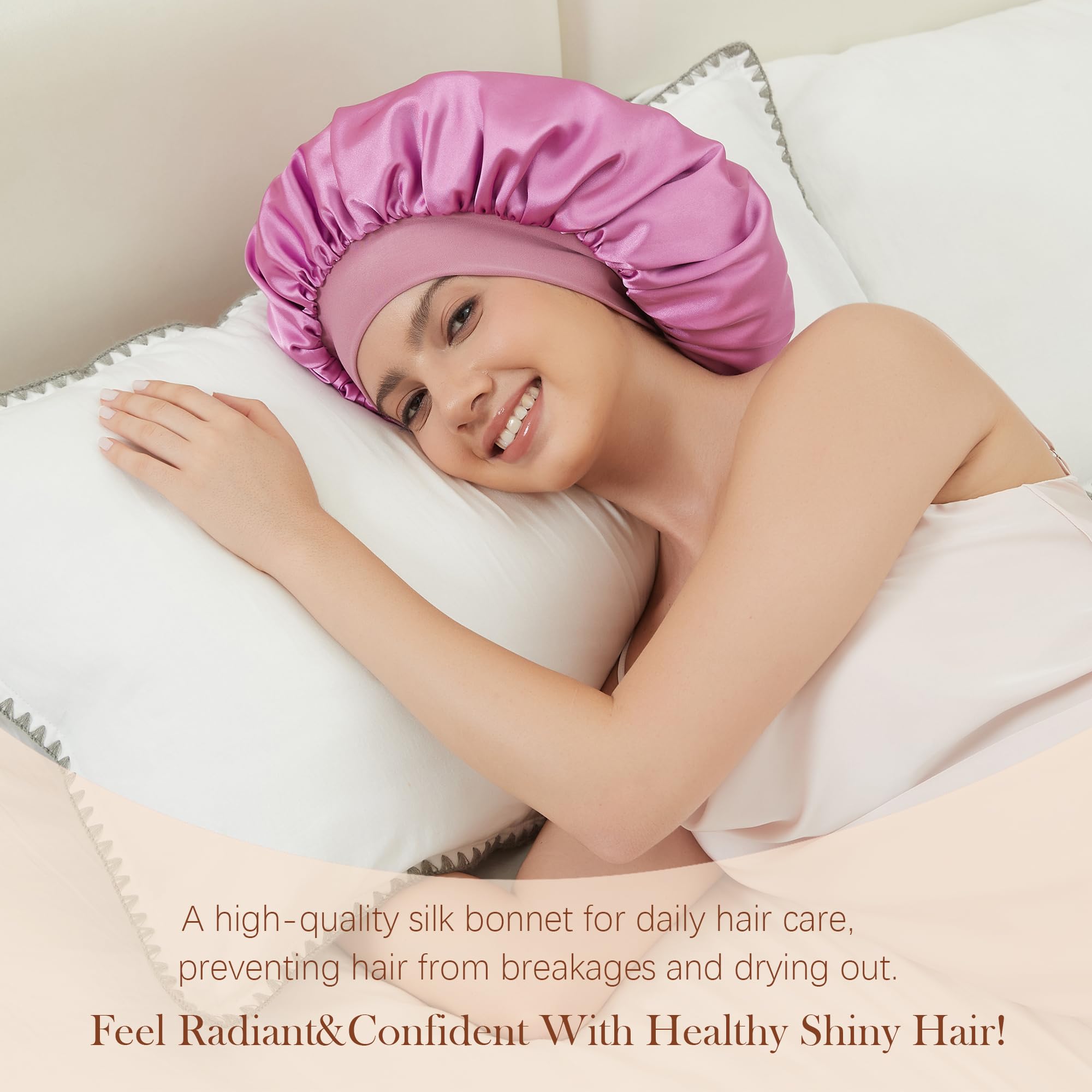 ROYBENS extra-wide elastic band keeps the bonnet secure all night.