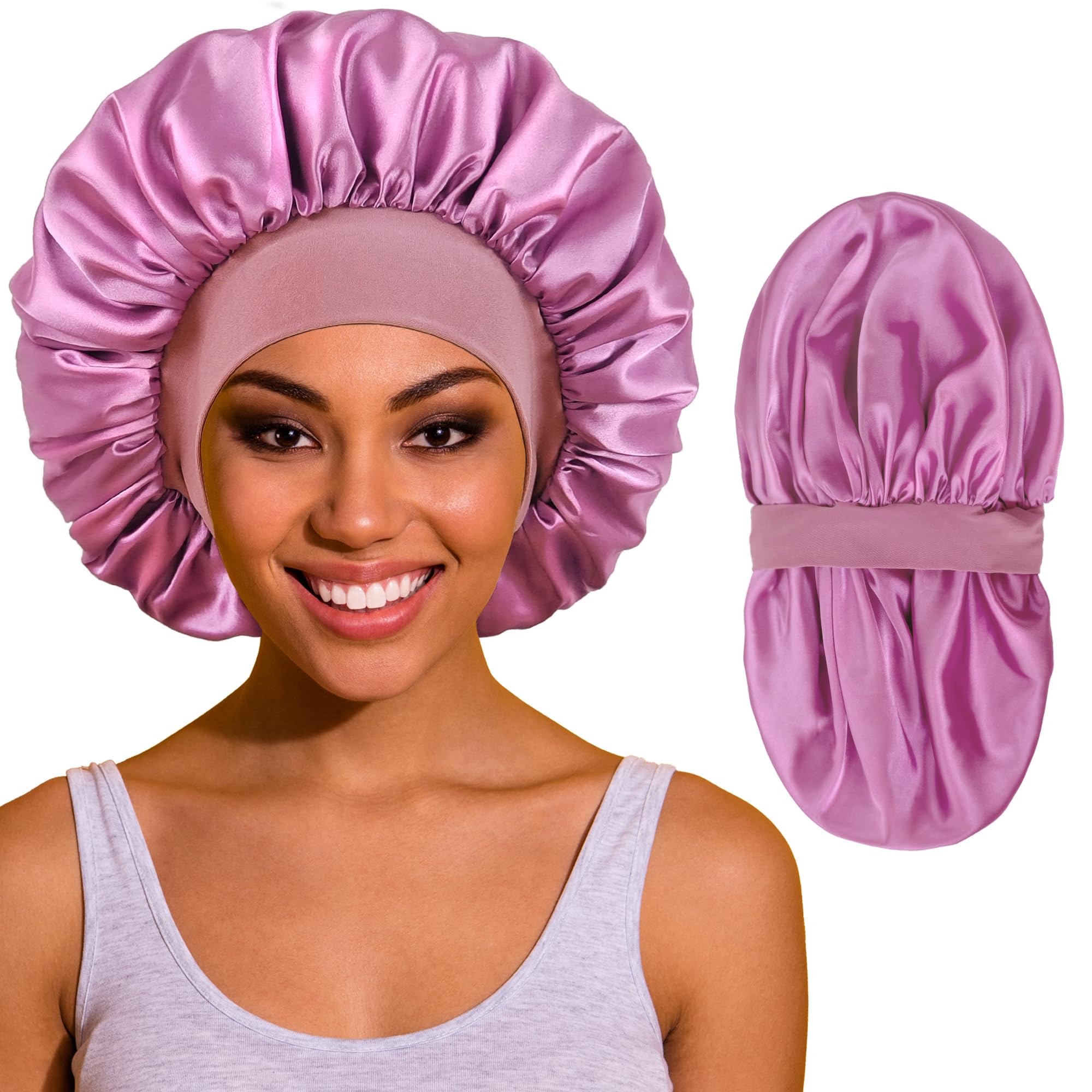 ROYBENS silk-like double-layer satin sleep bonnet protects curls overnight.