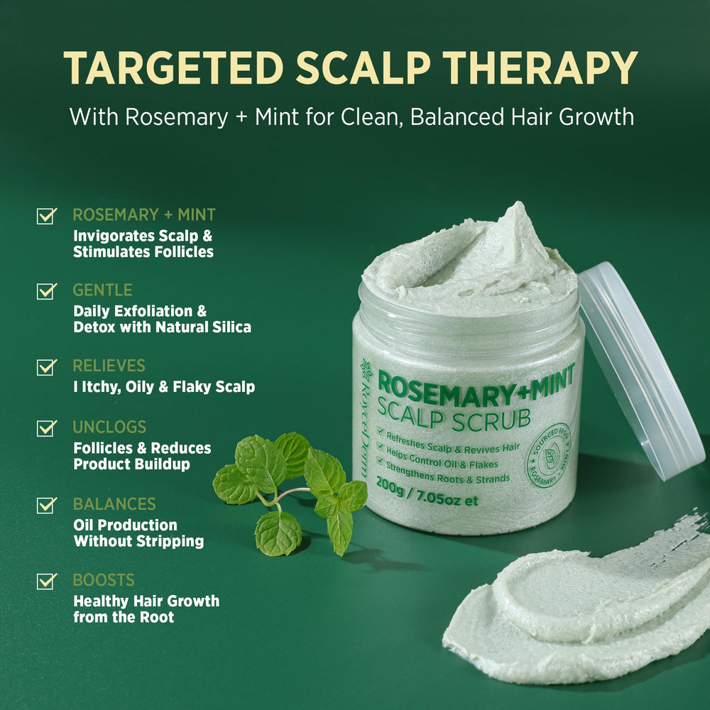RoyceDerm Rosemary Mint Scalp Scrub texture showing gentle micro-exfoliation beads