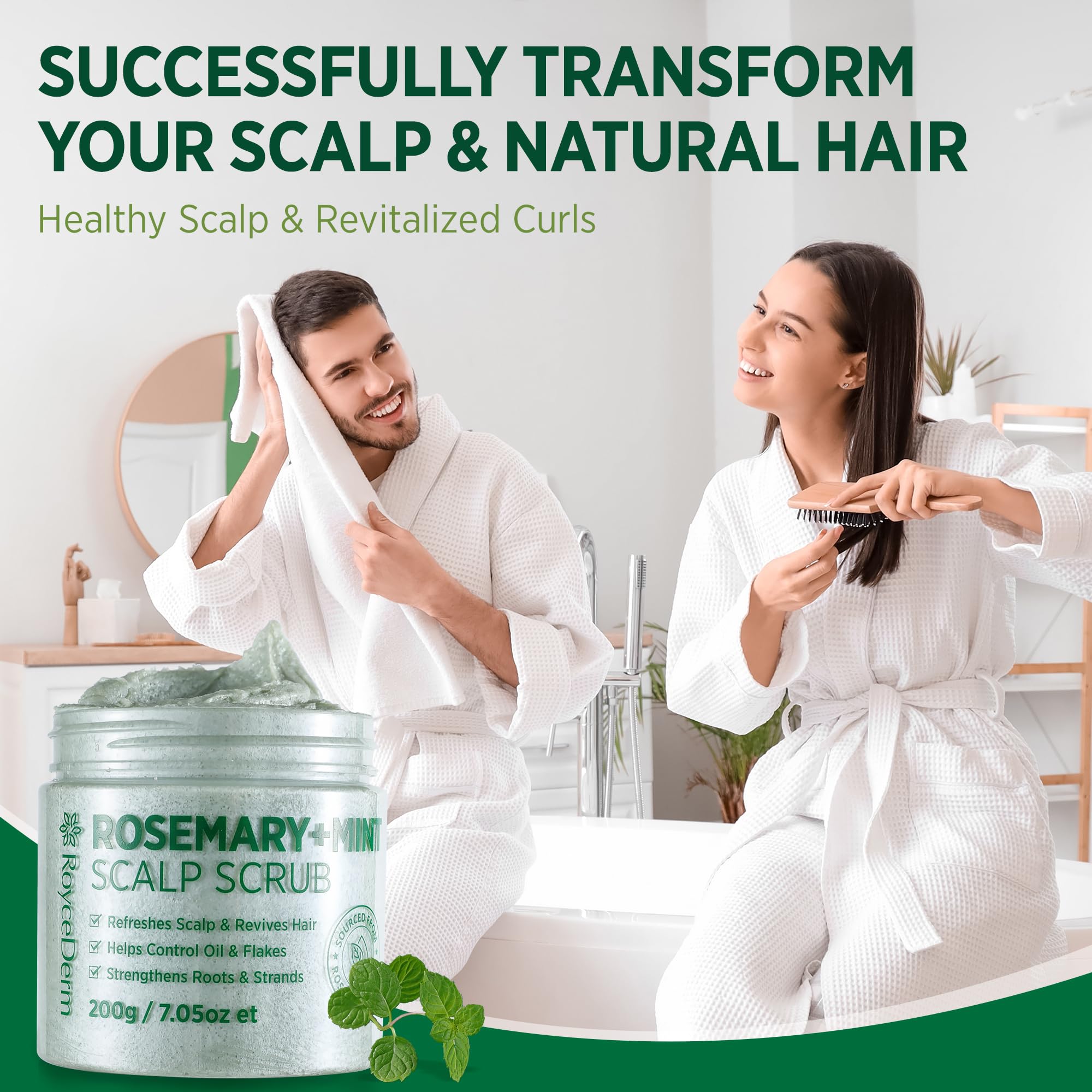 RoyceDerm Rosemary Mint Scalp Scrub in bathroom with glow