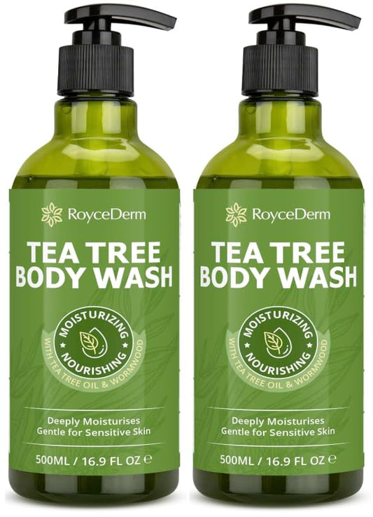 Roycederm antifungal body wash being poured for a refreshing cleanse