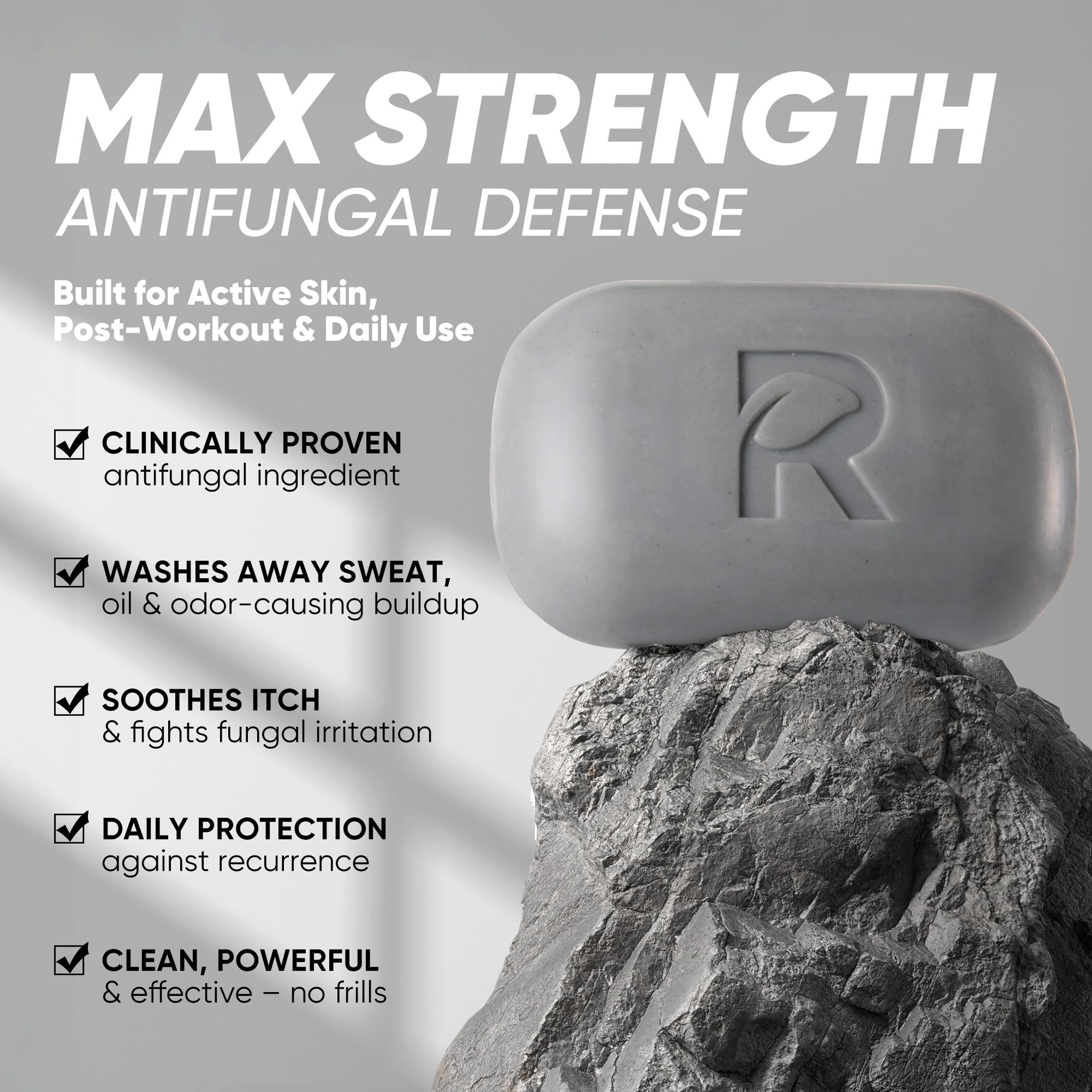 Roycederm Antifungal Soap volcanic ash close-up shows purifying texture for thorough dirt and oil removal