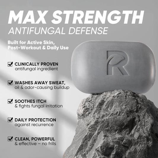 Roycederm Antifungal Soap volcanic ash close-up shows purifying texture for thorough dirt and oil removal