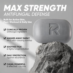 Roycederm Antifungal Soap volcanic ash close-up shows purifying texture for thorough dirt and oil removal