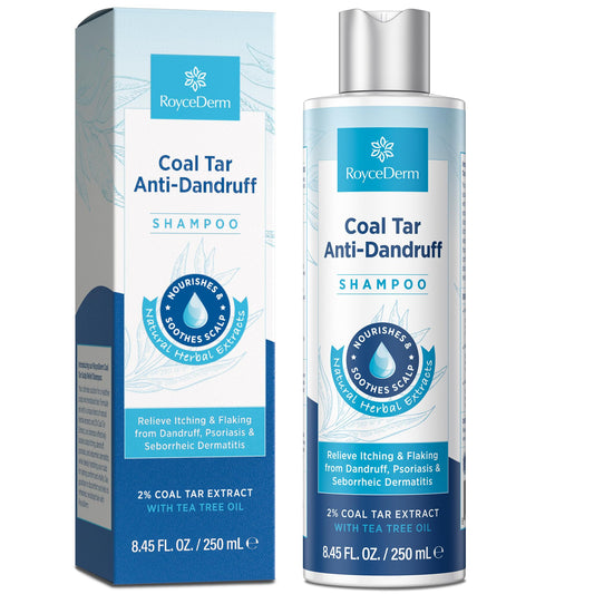 RoyceDerm Coal Tar Dandruff Shampoo bottle shows quick scalp relief with 2% coal tar.
