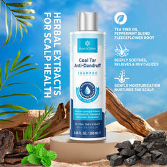 RoyceDerm Coal Tar Dandruff Shampoo label highlights 2% coal tar and tea tree oil.