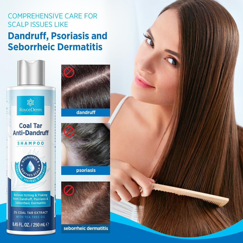 RoyceDerm Coal Tar Dandruff Shampoo packaging communicates trusted dermatological formulation.