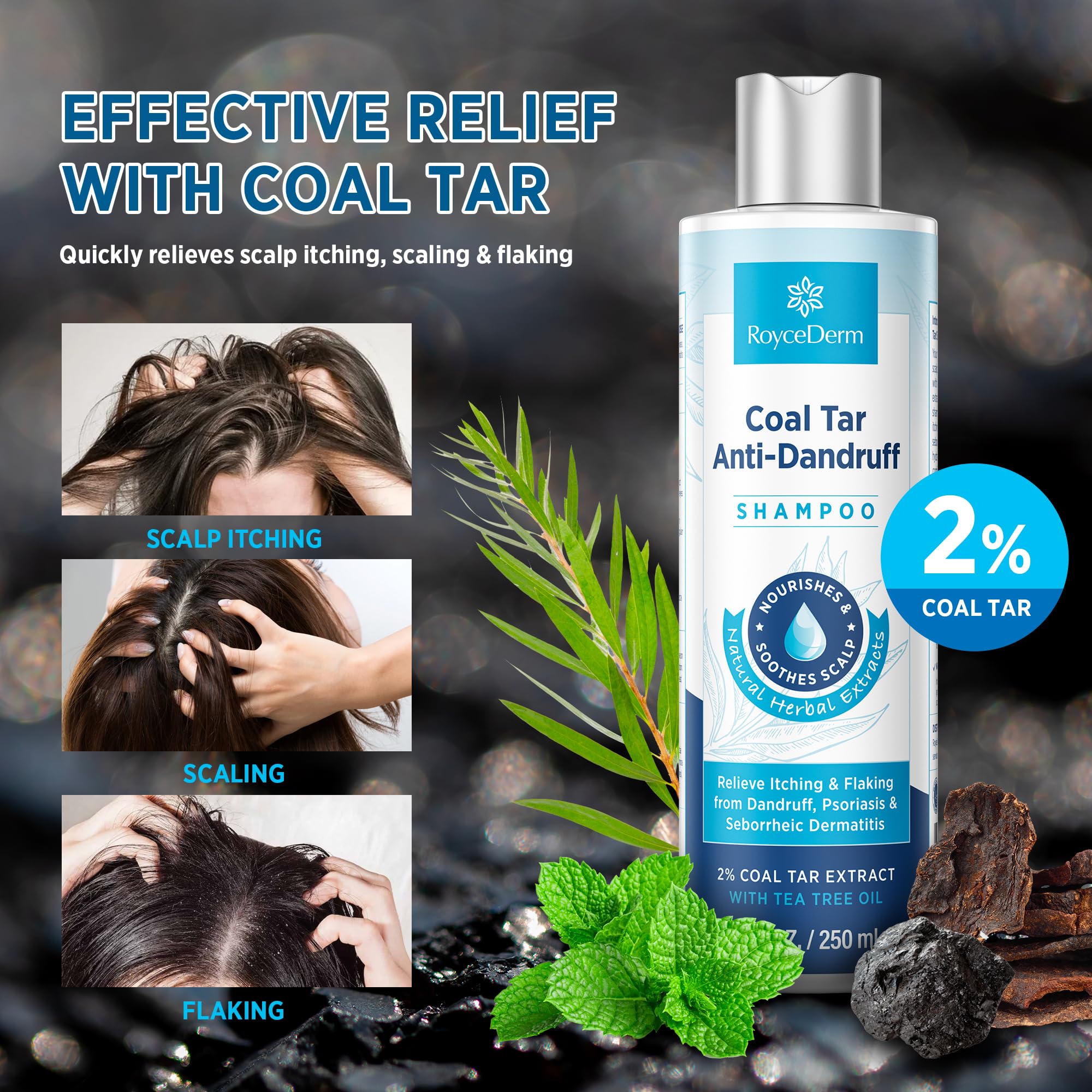 RoyceDerm Coal Tar Dandruff Shampoo rich lather targets flakes while hydrating hair.